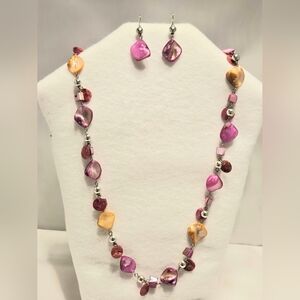 Pink and Orange Cha-Cha Beaded Necklace and Earrings Set, Mother of Pearl Shell